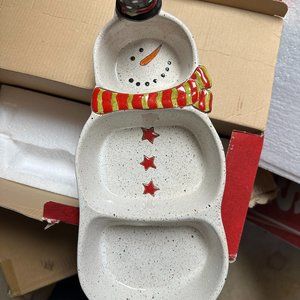 3 SECTION CERAMIC SNOWMAN SERVING DISH WITH TOOTHPICK HOLDER BY GRASSLAND ROADS